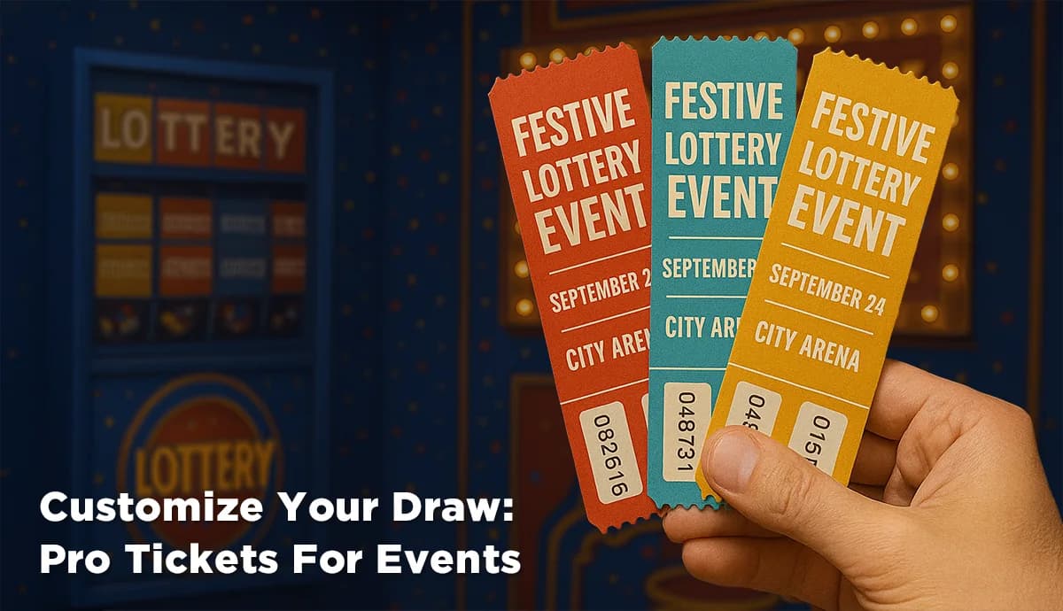 A hand holds three colorful "Festive Lottery Event" tickets, illustrating how to create lottery tickets, with a blurred lottery machine and signage in the background