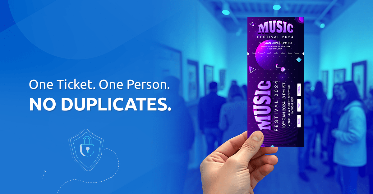 A hand holds a purple "Music Festival 2024" ticket, representing an admit one ticket generated without duplicates, against a blurred background of people in an event space