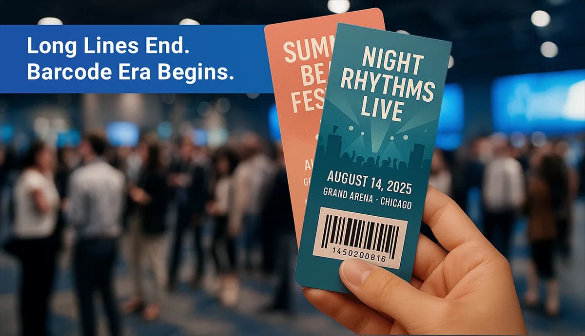 Create Event Tickets with Barcode: hand shows two colorful concert passes featuring a Code 128 barcode, crowd blurred behind