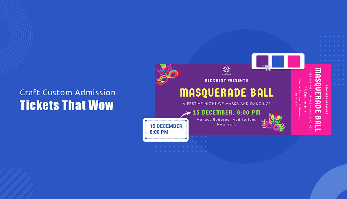 A vibrant feature image showcasing "How to Make Admission Tickets" for a "Masquerade Ball" event